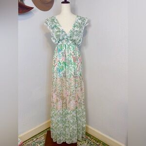 NWOT House of Harlow 1960 Green and Pink Floral Tiered Maxi Dress Small